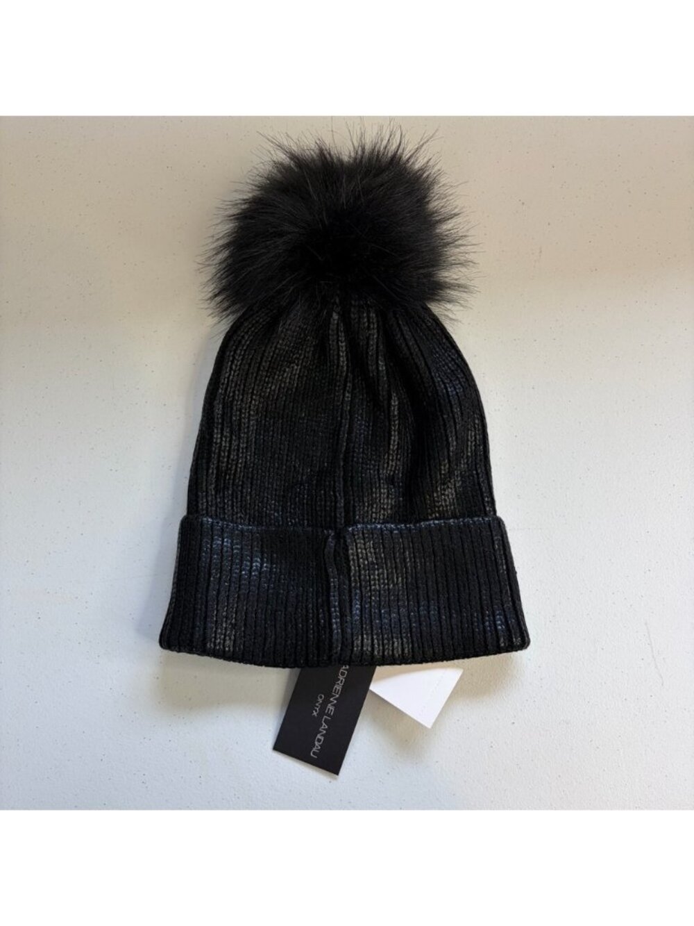 Adrienne Landau Onyx Black Ribbed Knit Beanie Hat Fur Pom Pom Winter Touque New